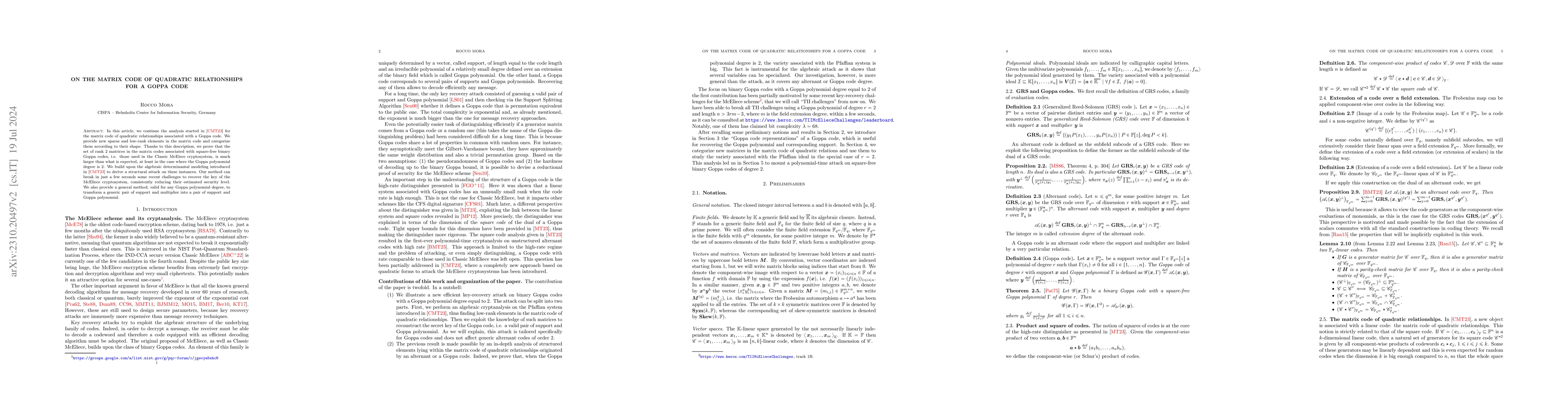 Thumbnail for On the matrix code of quadratic relationships for a Goppa code