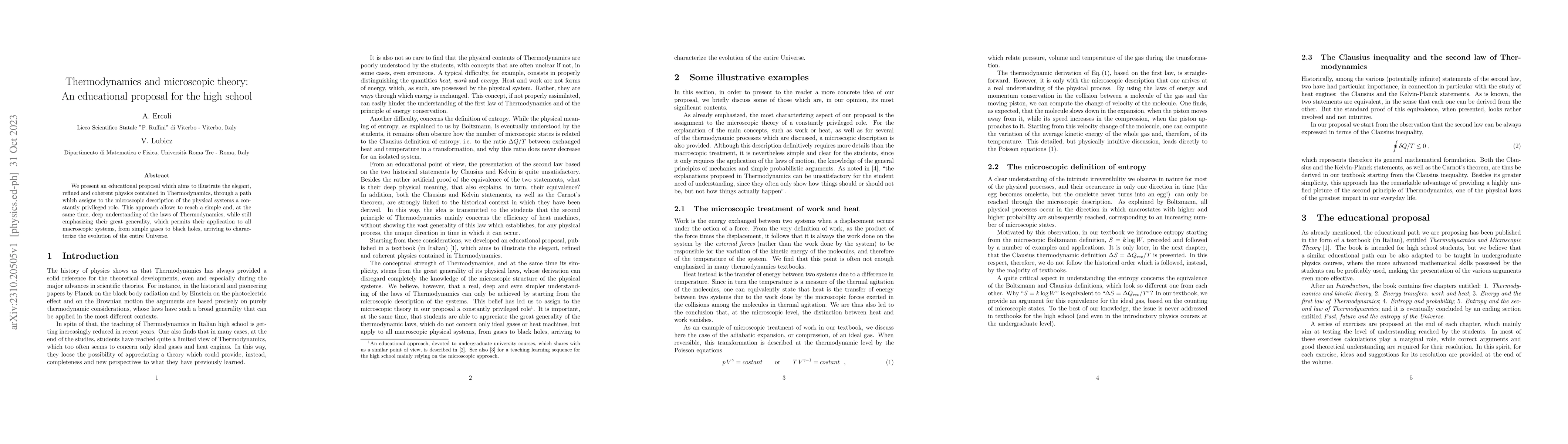 Thumbnail for Thermodynamics and microscopic theory: an educational proposal for the
  high school