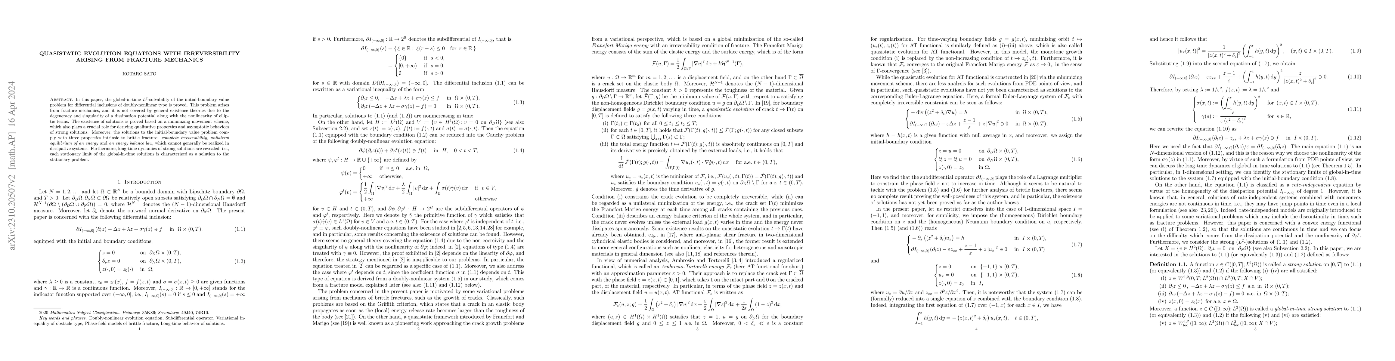 Thumbnail for Quasistatic evolution equations with irreversibility arising from
  fracture mechanics