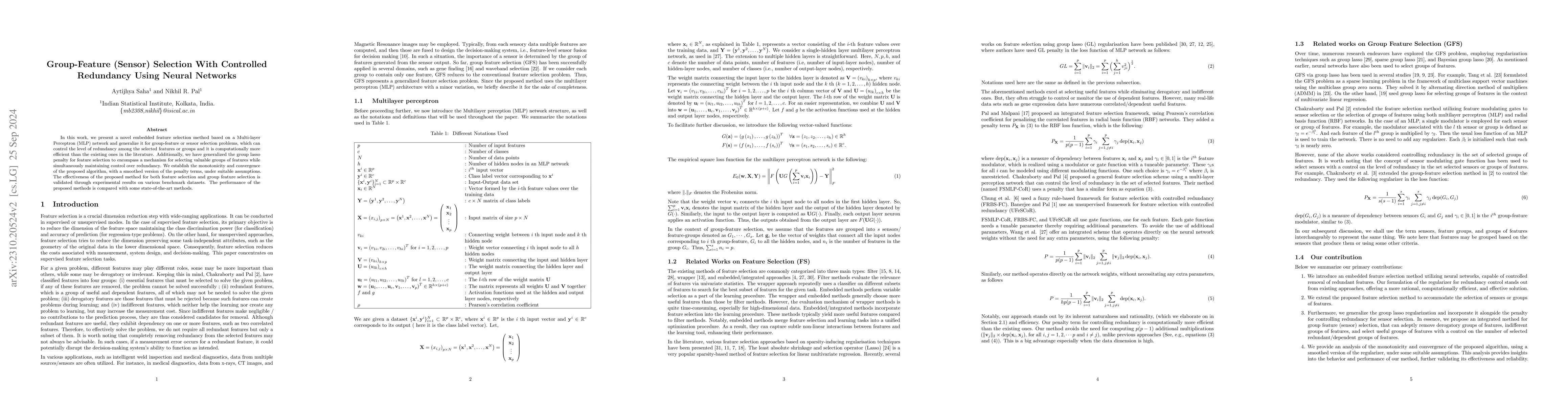 Thumbnail for Group-Feature (Sensor) Selection With Controlled Redundancy Using Neural
  Networks