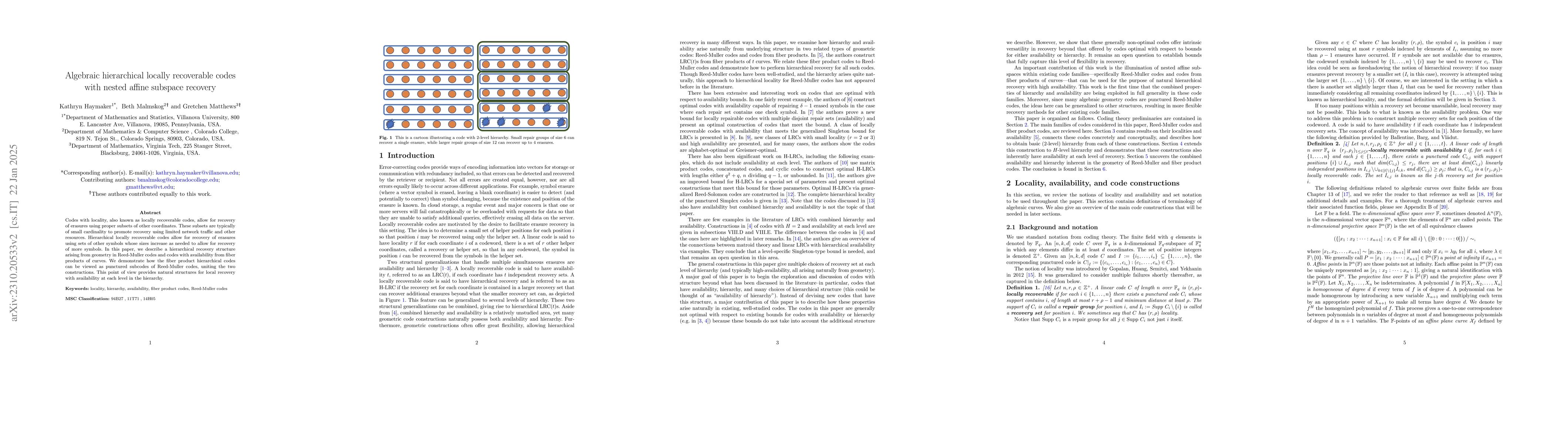 Thumbnail for Algebraic hierarchical locally recoverable codes with nested affine
  subspace recovery