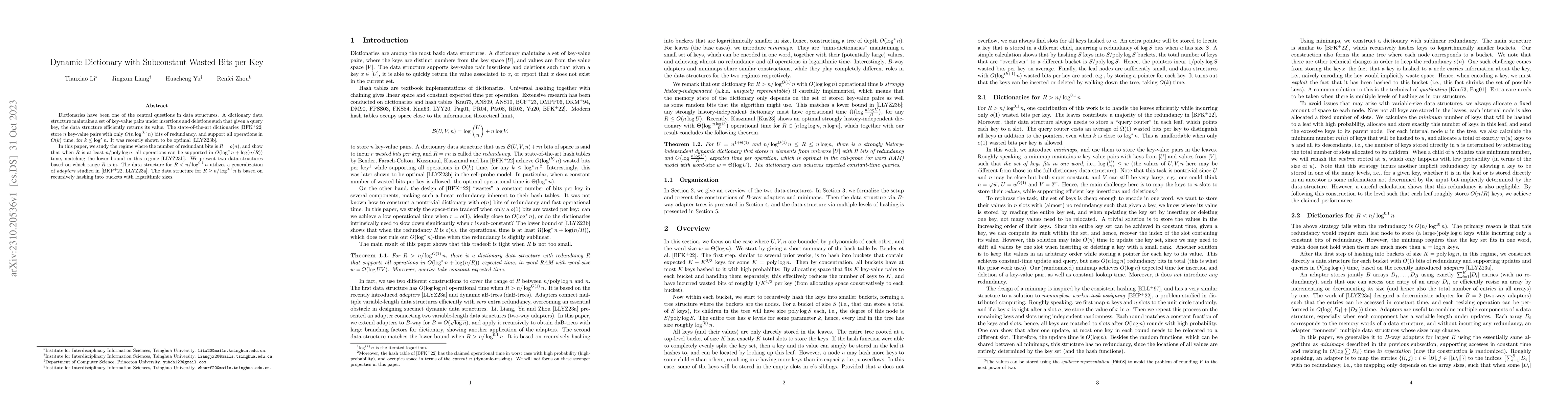 Thumbnail for Dynamic Dictionary with Subconstant Wasted Bits per Key