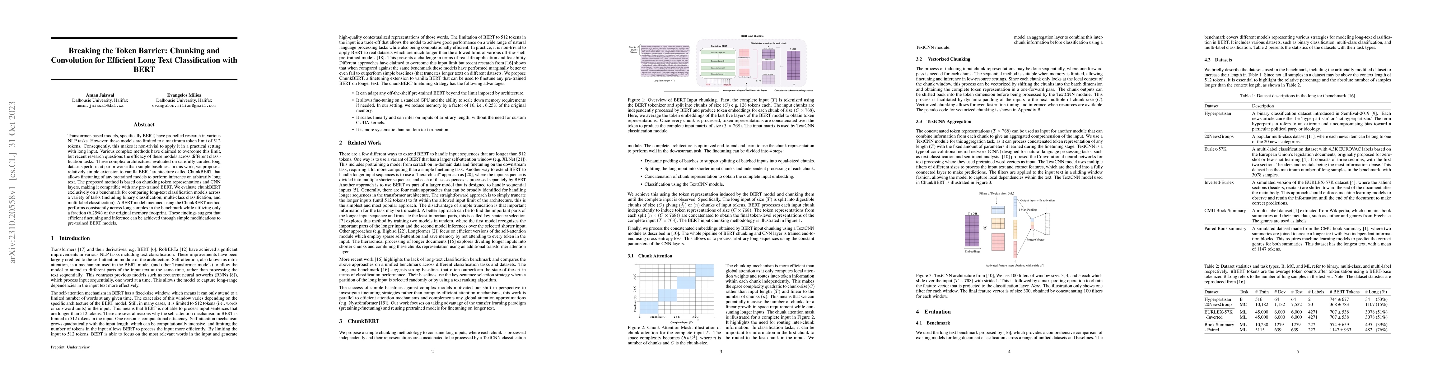 Thumbnail for Breaking the Token Barrier: Chunking and Convolution for Efficient Long
  Text Classification with BERT