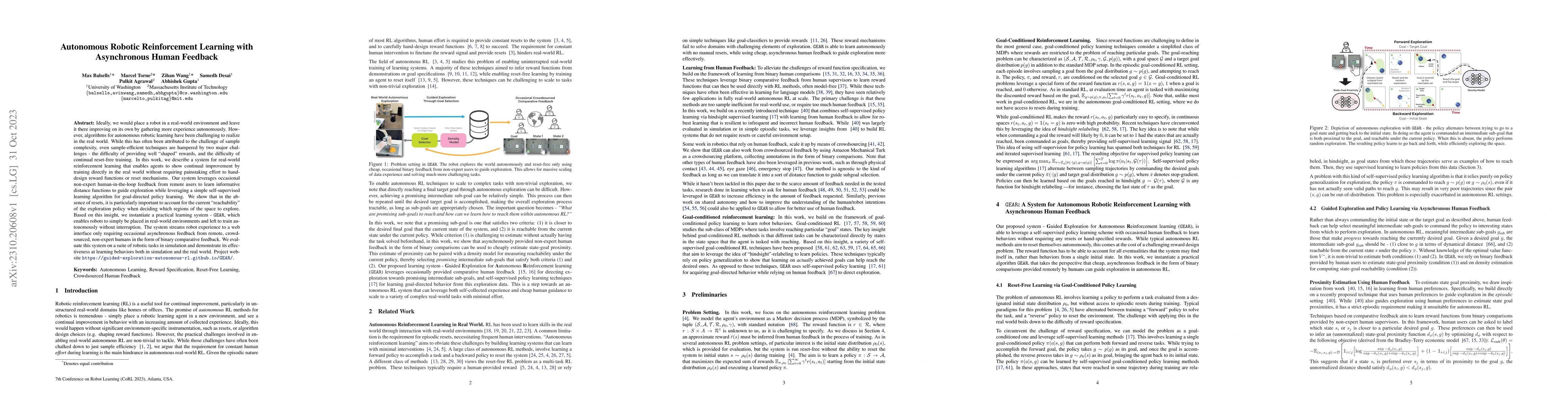 Thumbnail for Autonomous Robotic Reinforcement Learning with Asynchronous Human
  Feedback