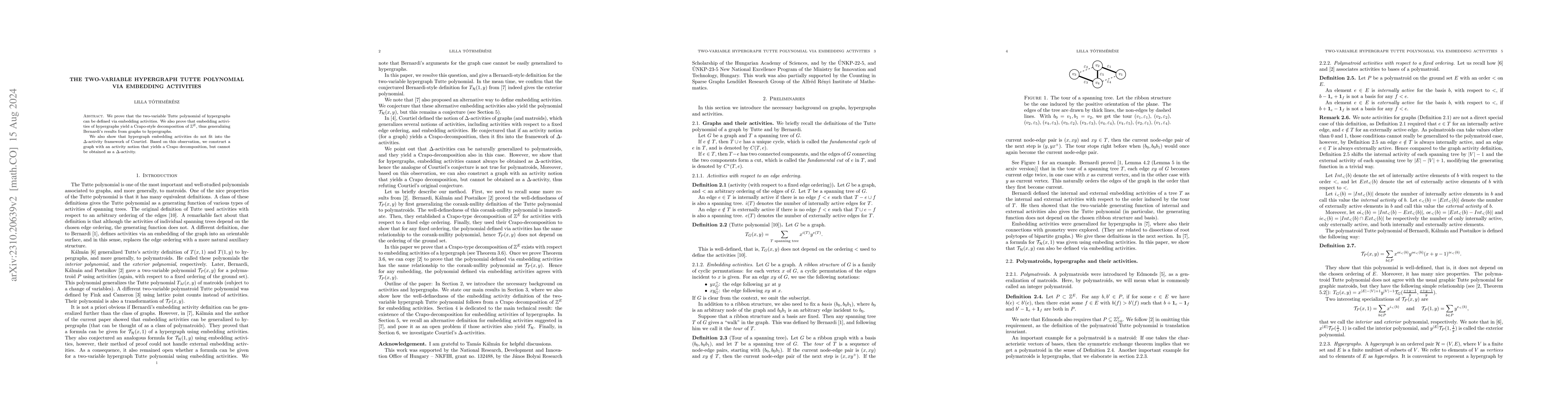 Thumbnail for The two-variable hypergraph Tutte polynomial via embedding activities