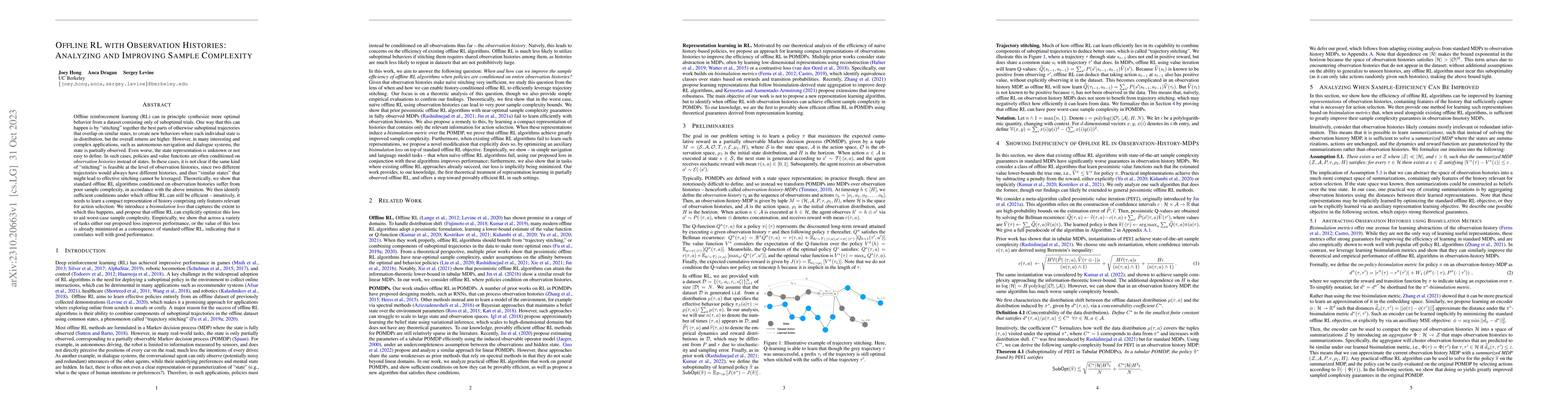 Thumbnail for Offline RL with Observation Histories: Analyzing and Improving Sample
  Complexity