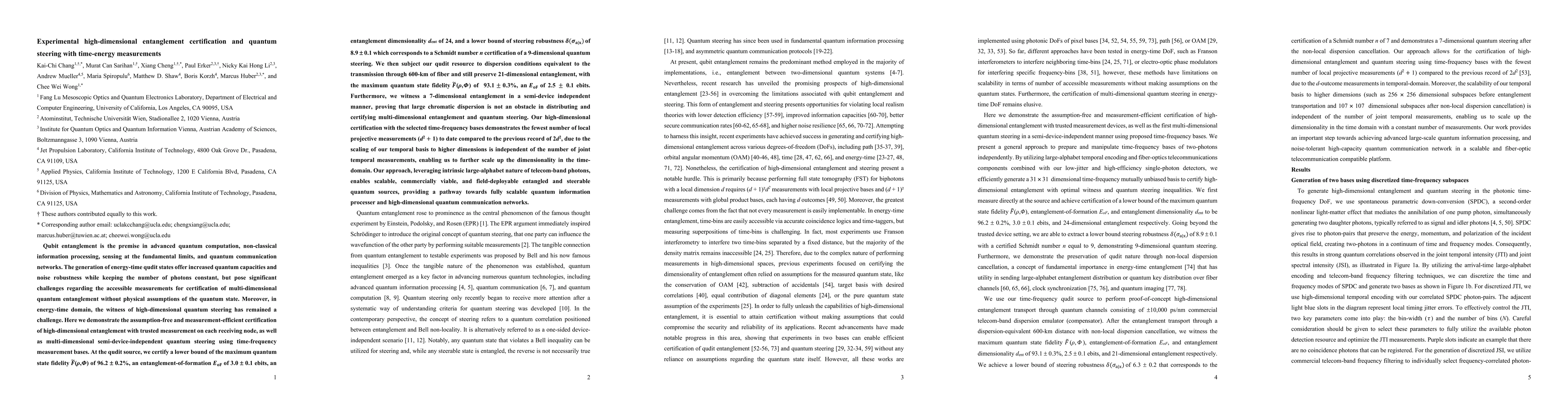 Thumbnail for Experimental high-dimensional entanglement certification and quantum
  steering with time-energy measurements