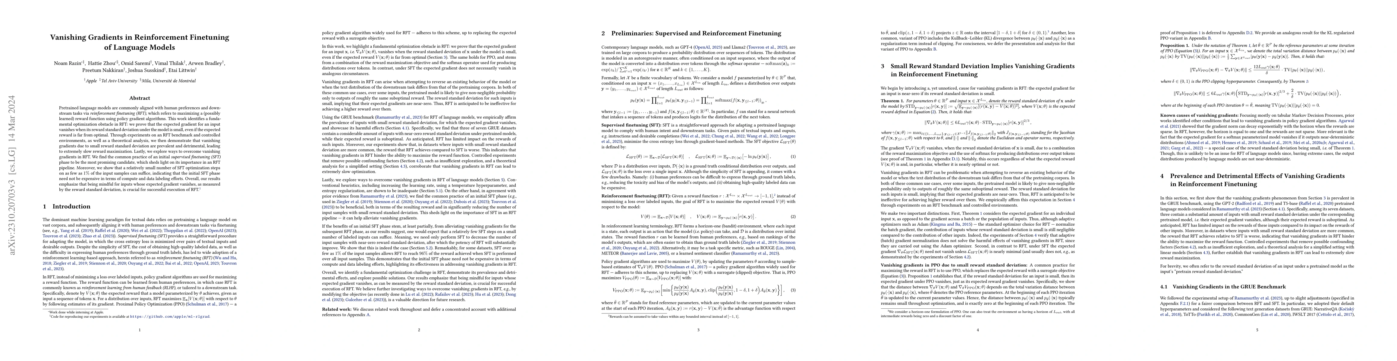 Thumbnail for Vanishing Gradients in Reinforcement Finetuning of Language Models