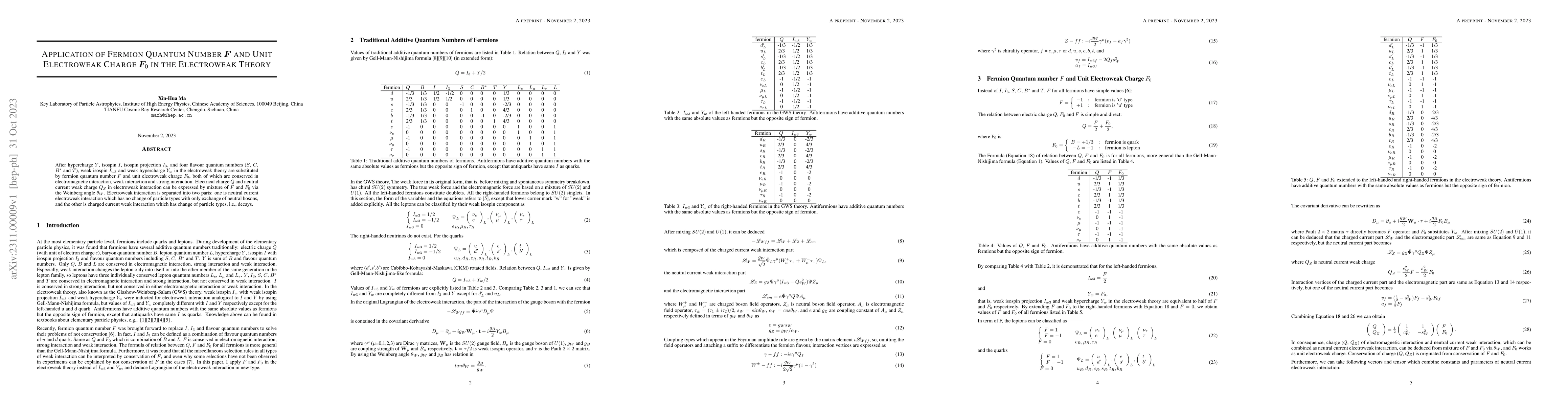 Thumbnail for Application of Fermion Quantum Number F and Unit Electroweak Charge F0
  in the Electroweak Theory