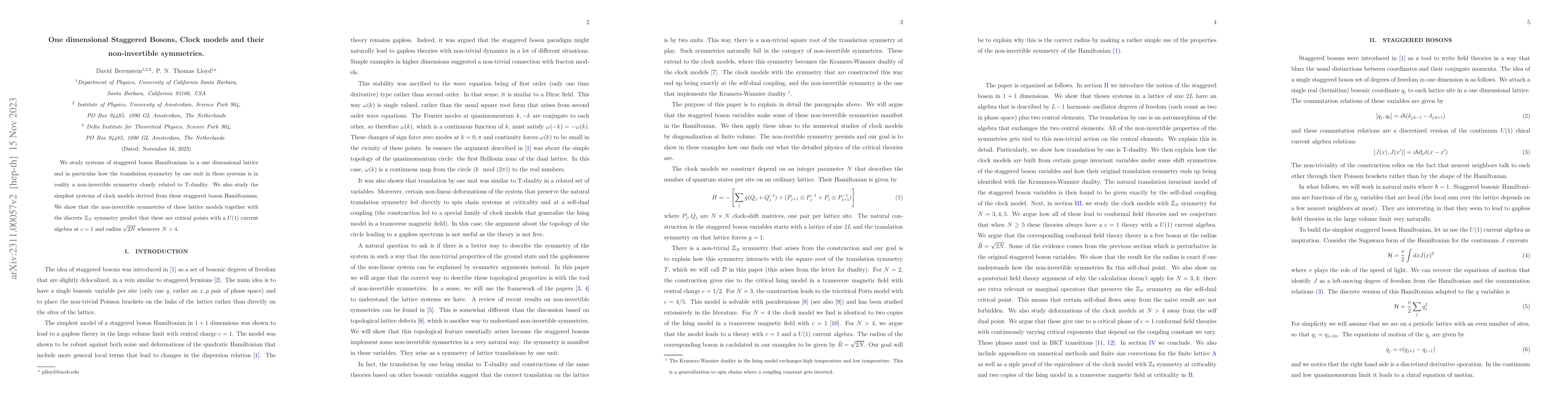 Thumbnail for One dimensional Staggered Bosons, Clock models and their non-invertible
  symmetries