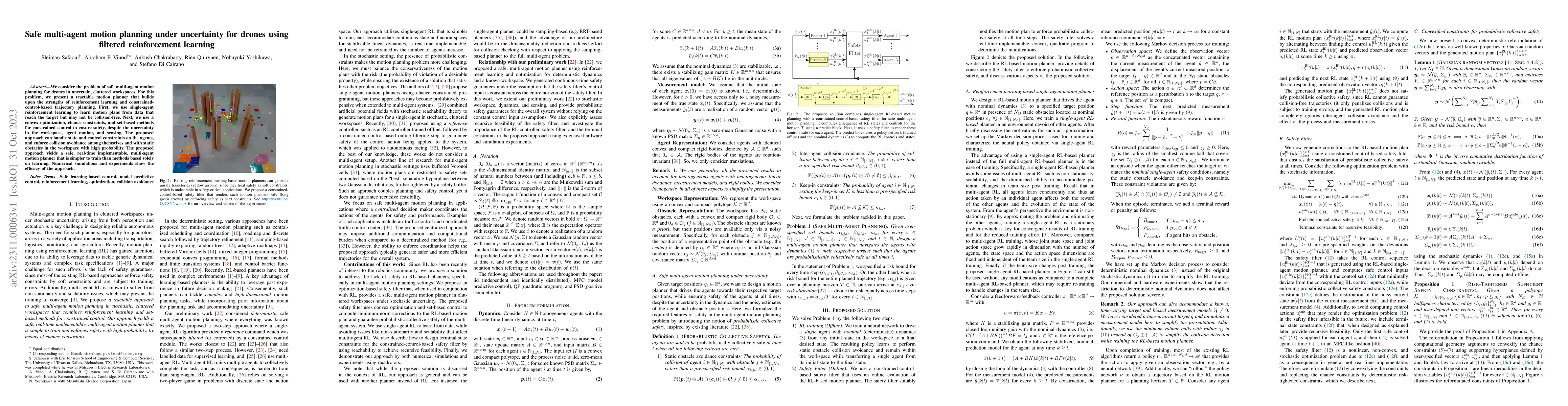Thumbnail for Safe multi-agent motion planning under uncertainty for drones using
  filtered reinforcement learning