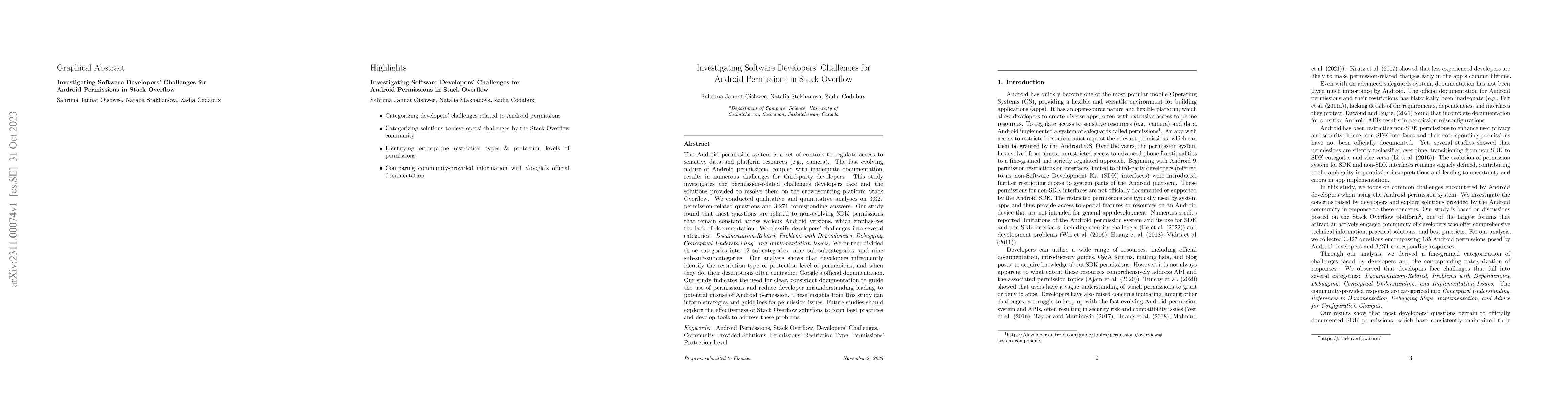 Thumbnail for Investigating Software Developers' Challenges for Android Permissions in
  Stack Overflow