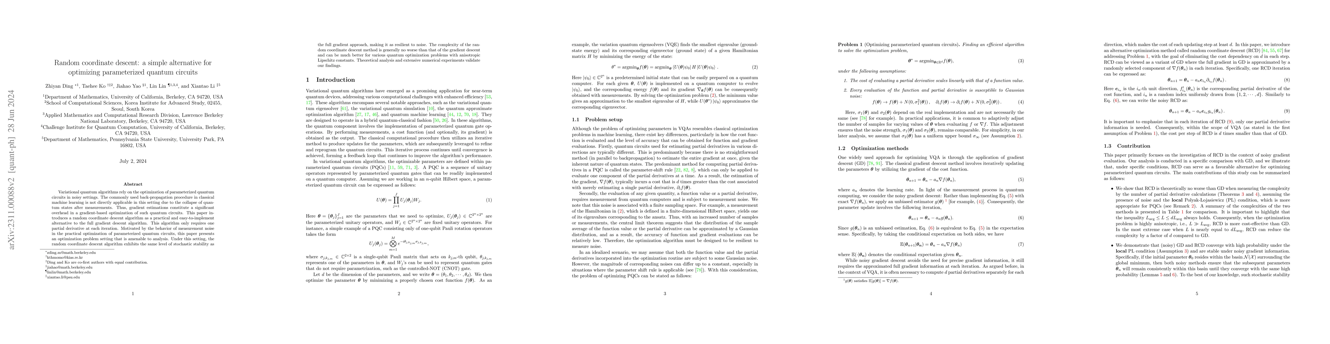 Thumbnail for Random coordinate descent: a simple alternative for optimizing
  parameterized quantum circuits