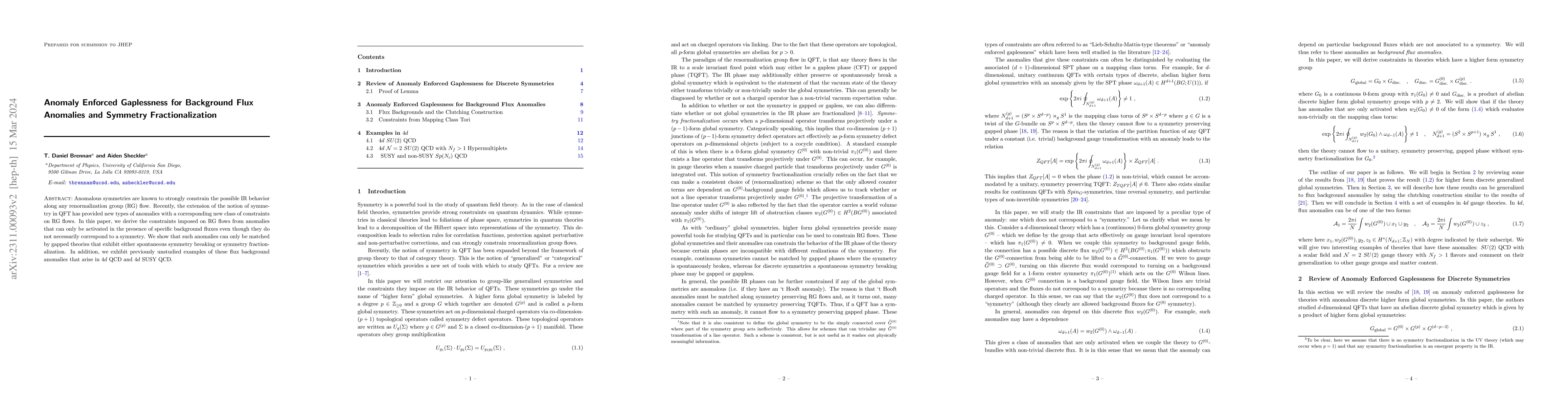 Thumbnail for Anomaly Enforced Gaplessness for Background Flux Anomalies and Symmetry
  Fractionalization