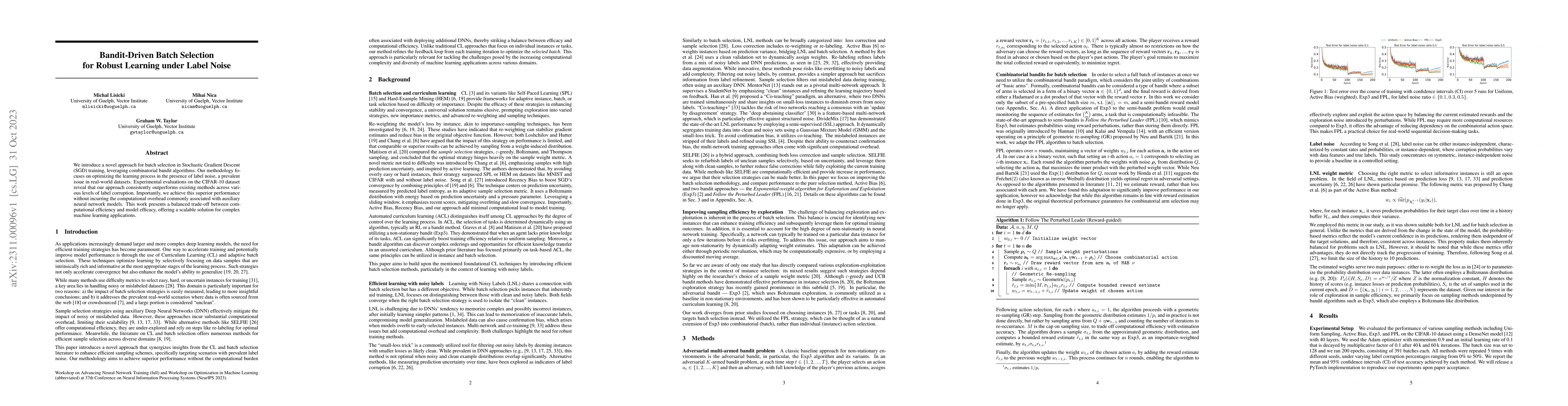 Thumbnail for Bandit-Driven Batch Selection for Robust Learning under Label Noise