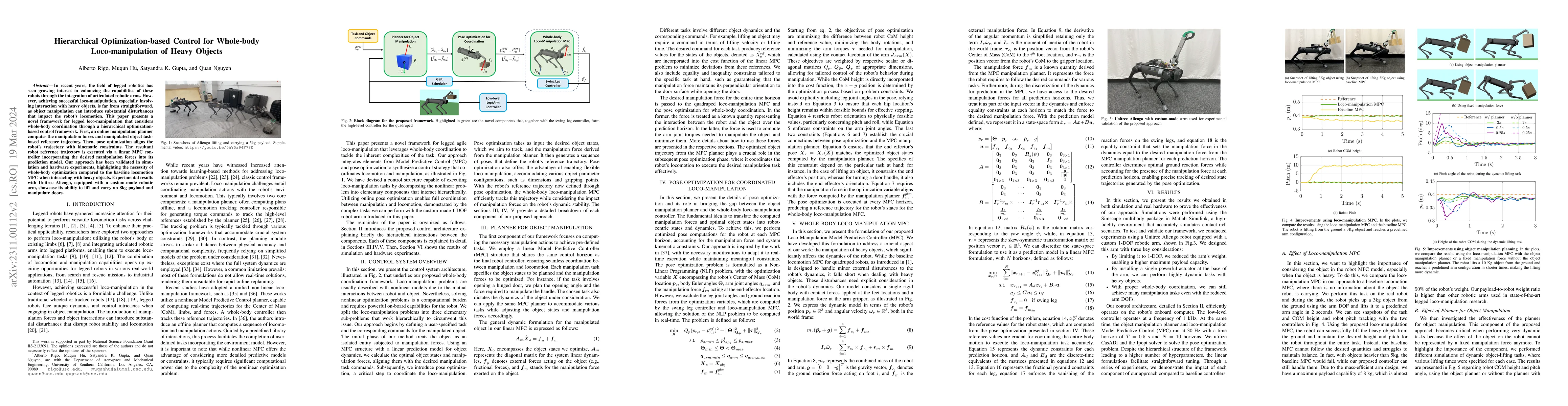 Thumbnail for Hierarchical Optimization-based Control for Whole-body Loco-manipulation
  of Heavy Objects