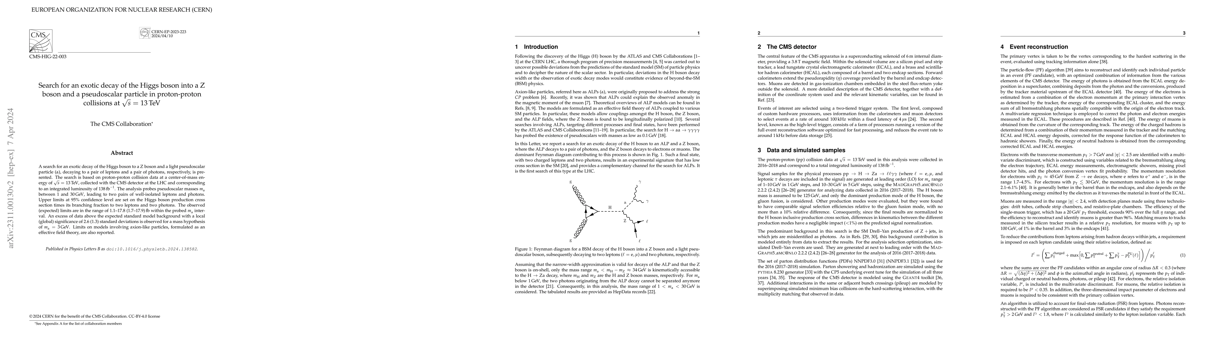 Thumbnail for Search for an exotic decay of the Higgs boson into a Z boson and a
  pseudoscalar particle in proton-proton collisions at $\sqrt{s}$ = 13 TeV