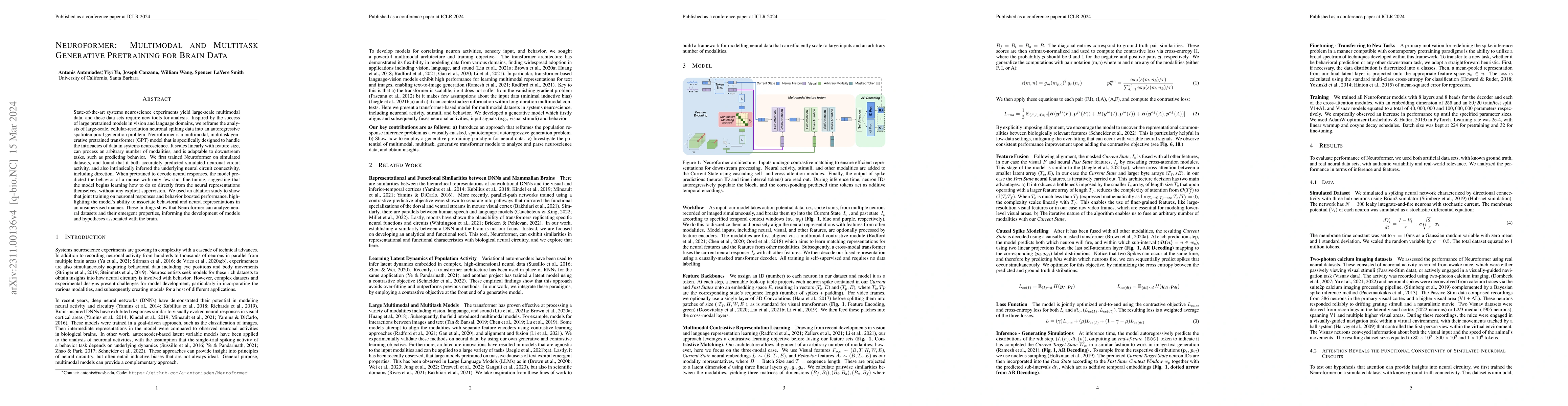 Thumbnail for Neuroformer: Multimodal and Multitask Generative Pretraining for Brain
  Data