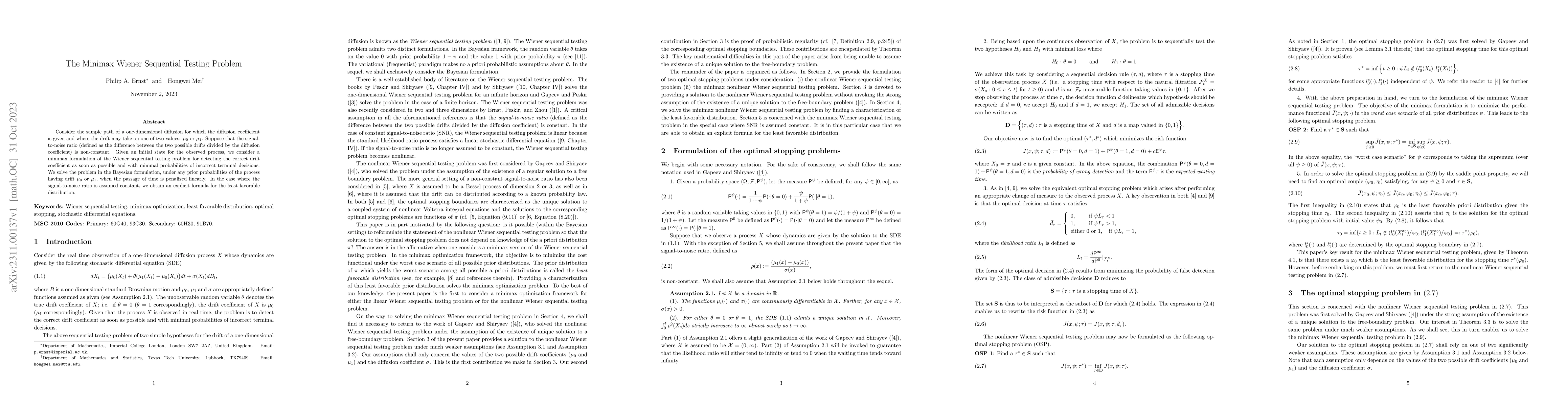 Thumbnail for The Minimax Wiener Sequential Testing Problem