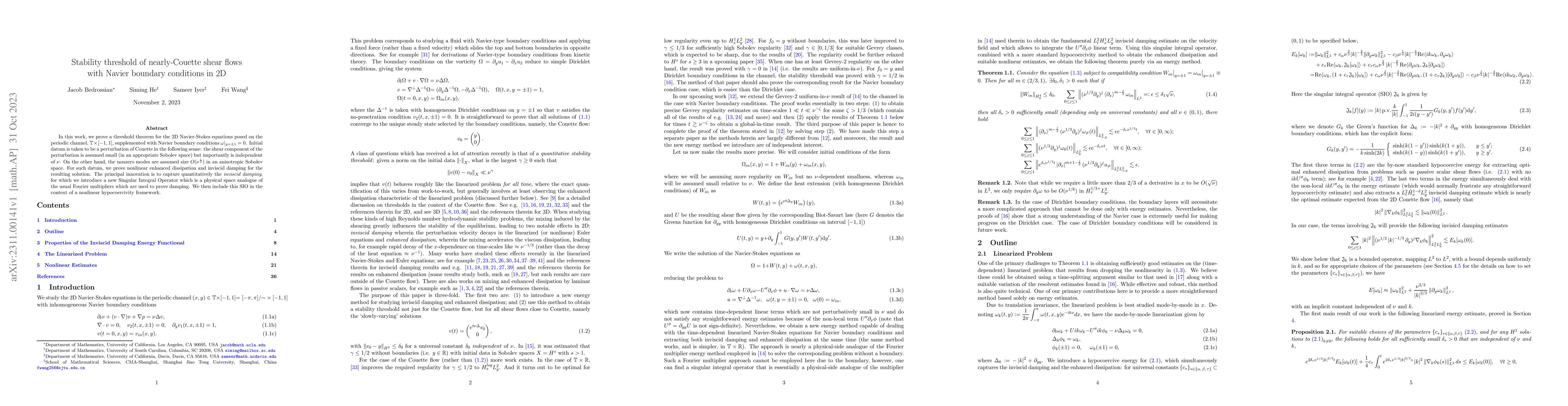 Thumbnail for Stability threshold of nearly-Couette shear flows with Navier boundary
  conditions in 2D