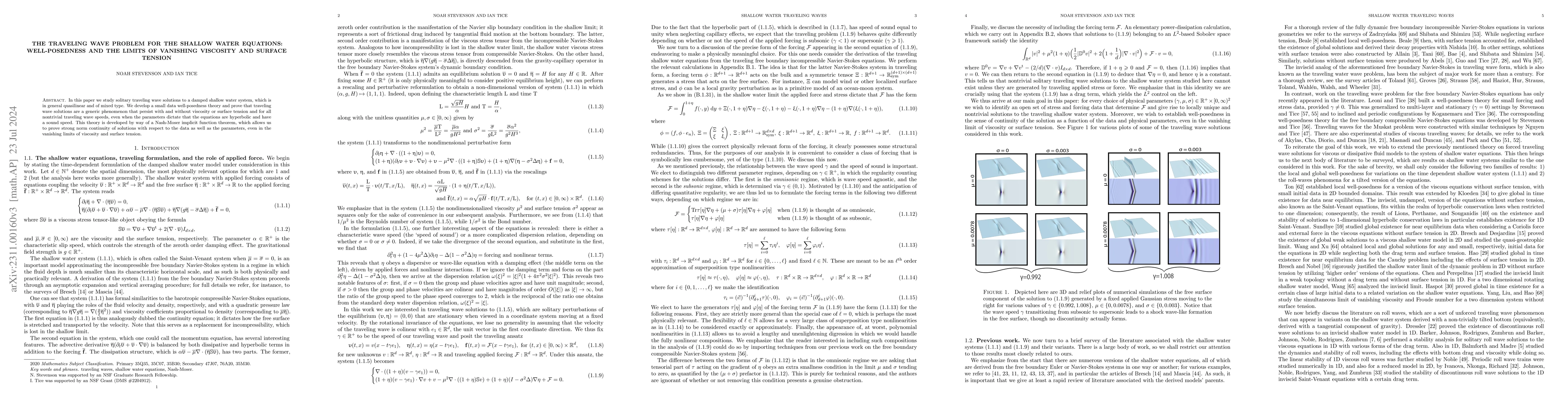 Thumbnail for The traveling wave problem for the shallow water equations:
  well-posedness and the limits of vanishing viscosity and surface tension