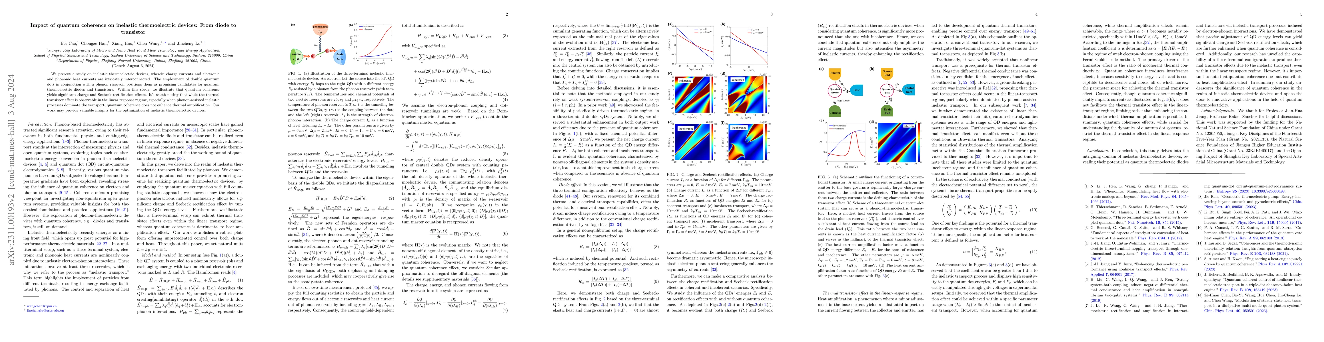 Thumbnail for Quantum coherence effects on inelastic thermoelectric devices: From
  diodes to transistors
