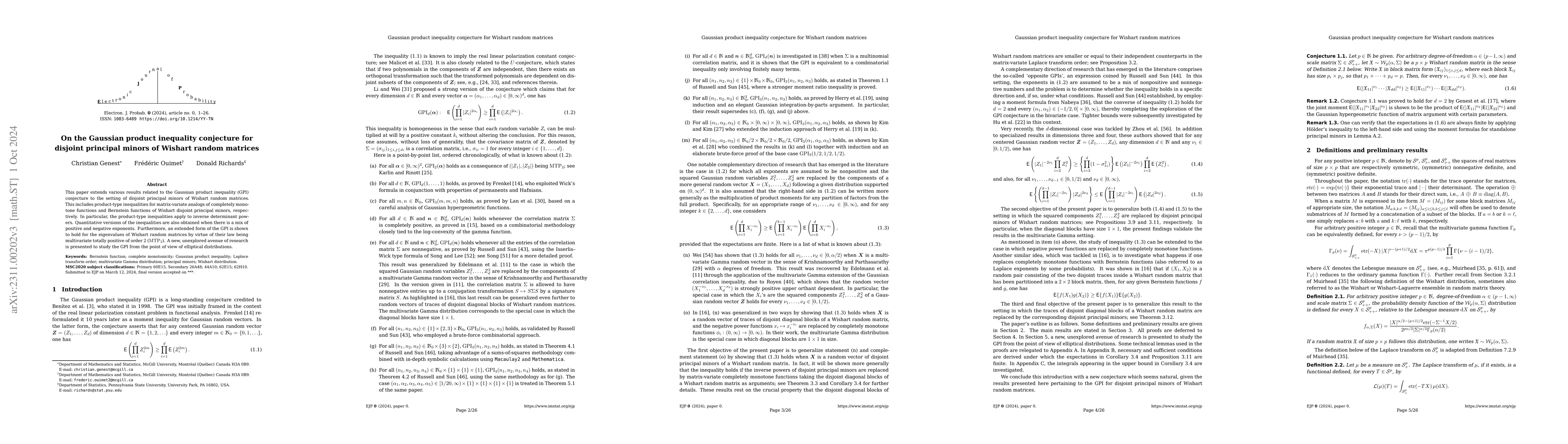 Thumbnail for On the Gaussian product inequality conjecture for disjoint principal
  minors of Wishart random matrices