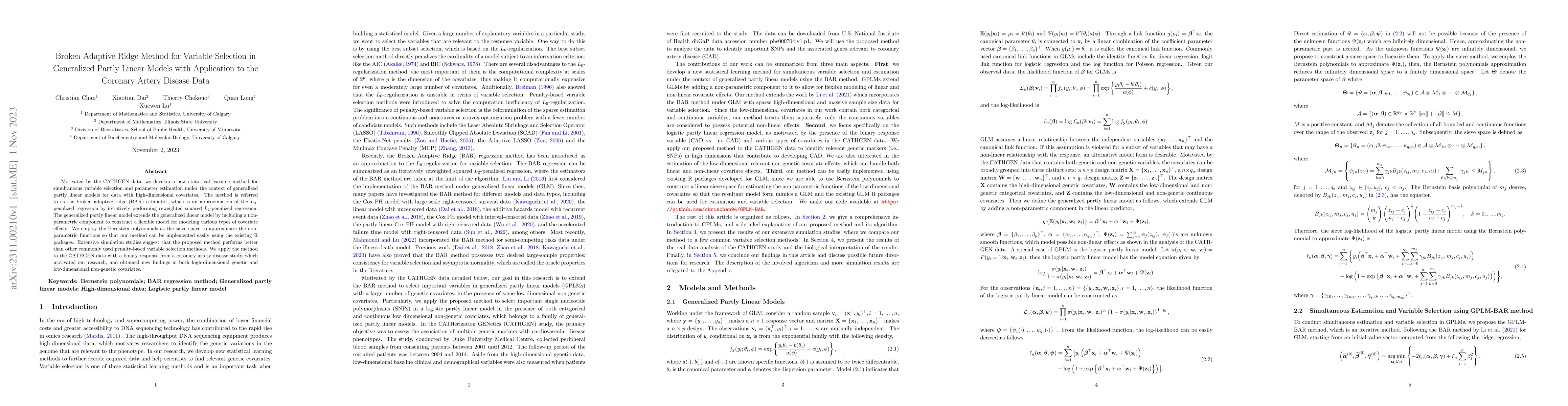 Thumbnail for Broken Adaptive Ridge Method for Variable Selection in Generalized
  Partly Linear Models with Application to the Coronary Artery Disease Data