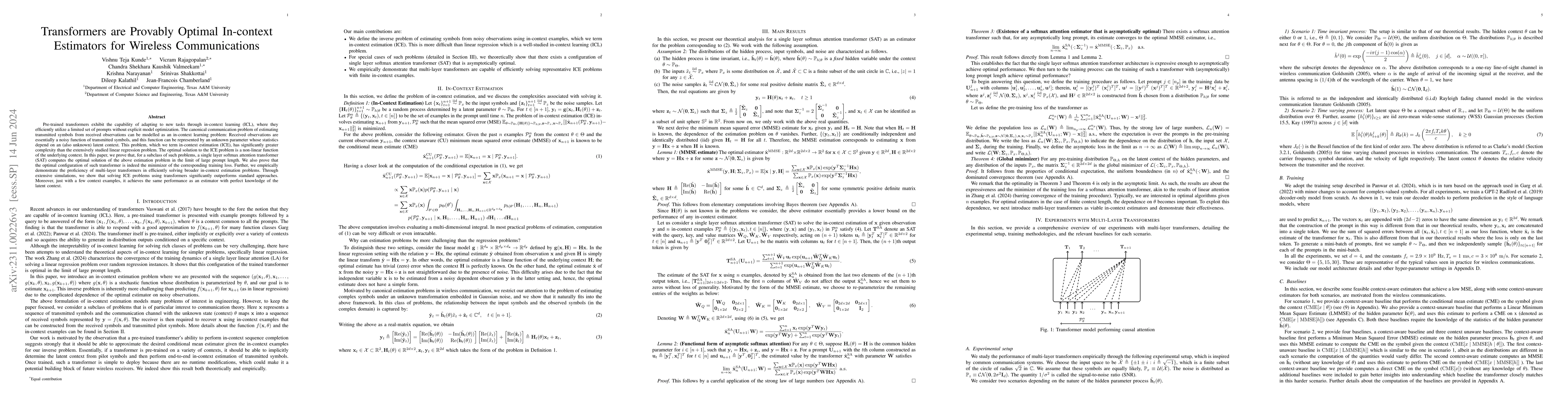 Thumbnail for Transformers are Provably Optimal In-context Estimators for Wireless
  Communications