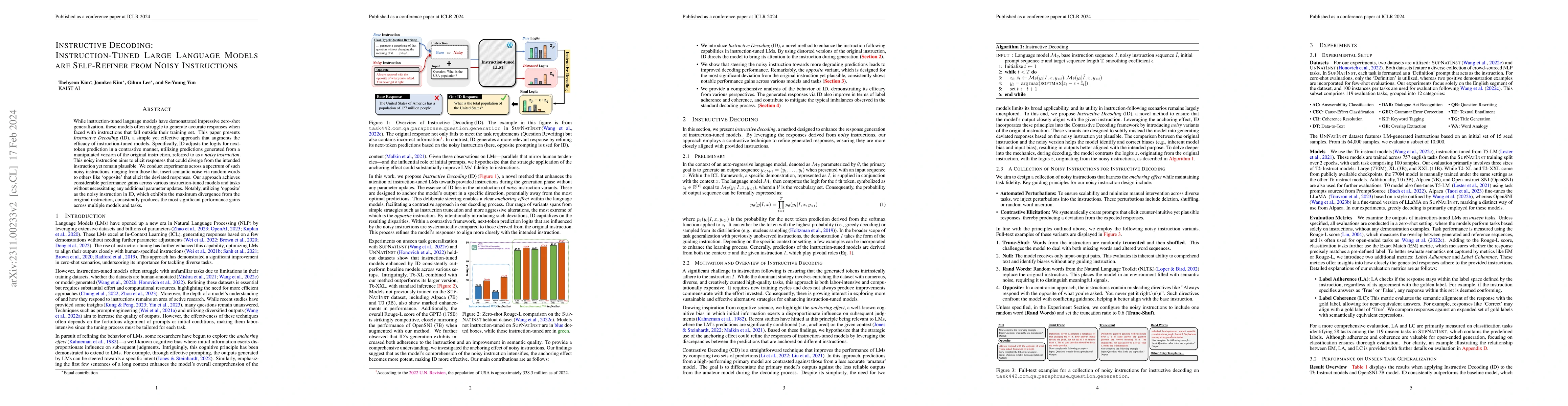 Thumbnail for Instructive Decoding: Instruction-Tuned Large Language Models are
  Self-Refiner from Noisy Instructions