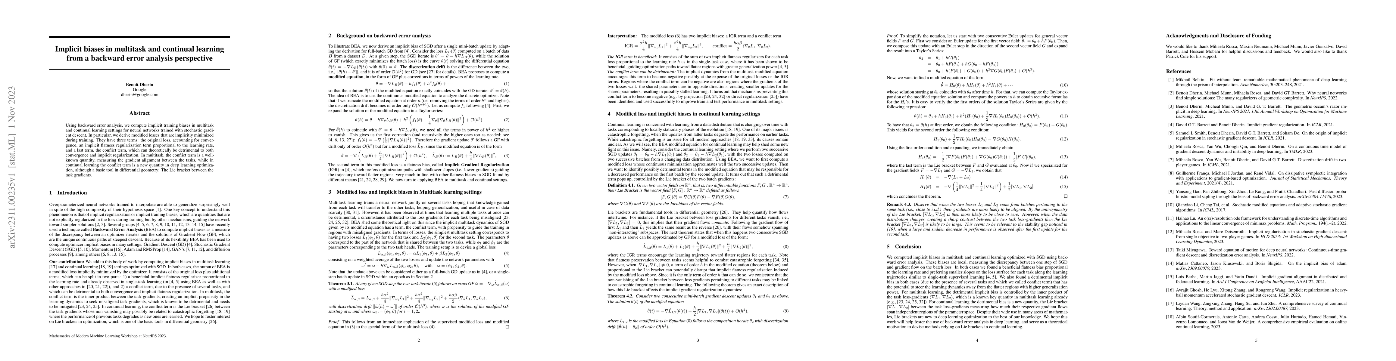 Thumbnail for Implicit biases in multitask and continual learning from a backward
  error analysis perspective