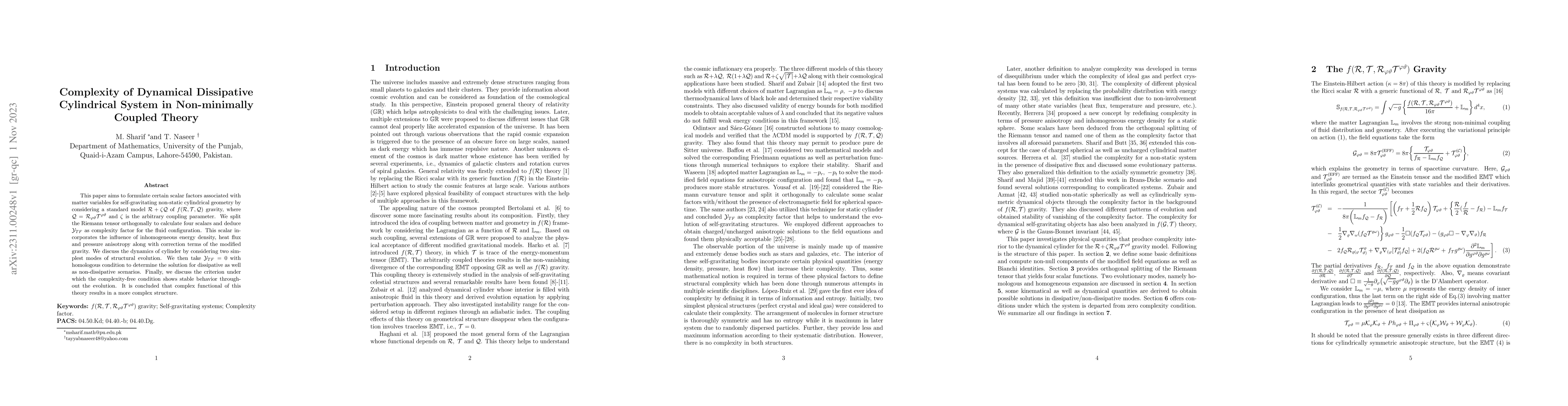 Thumbnail for Complexity of Dynamical Dissipative Cylindrical System in Non-minimally
  Coupled Theory