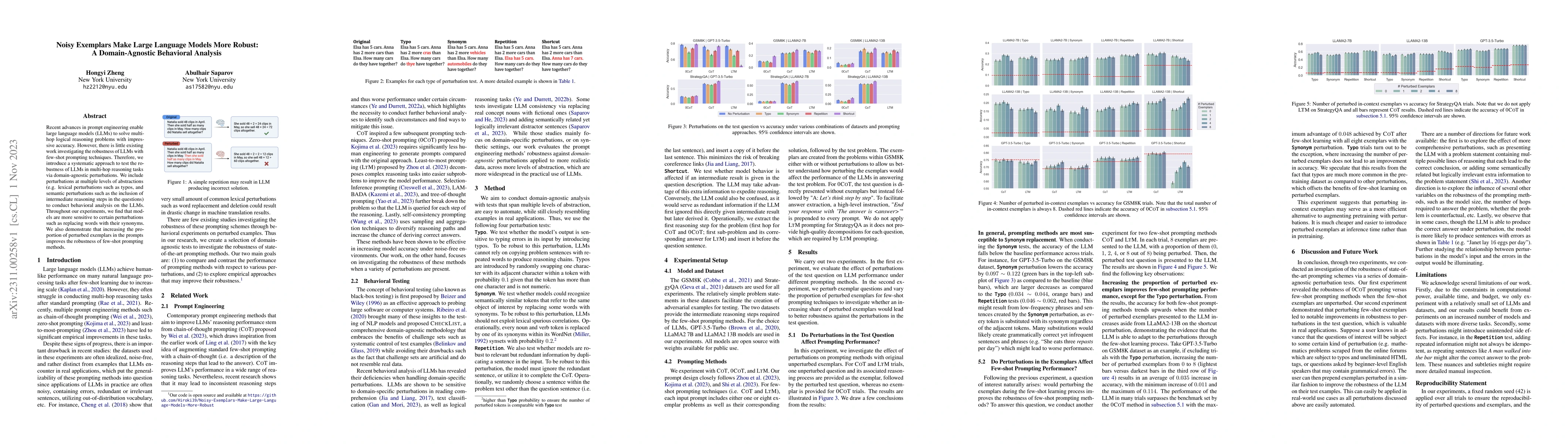 Thumbnail for Noisy Exemplars Make Large Language Models More Robust: A
  Domain-Agnostic Behavioral Analysis