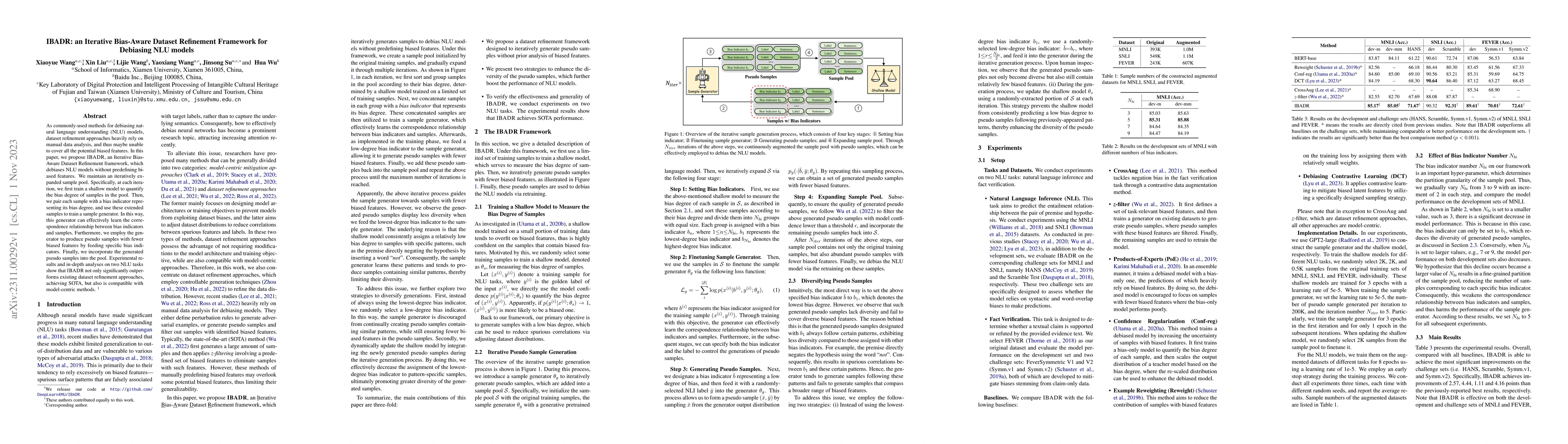 Thumbnail for IBADR: an Iterative Bias-Aware Dataset Refinement Framework for
  Debiasing NLU models