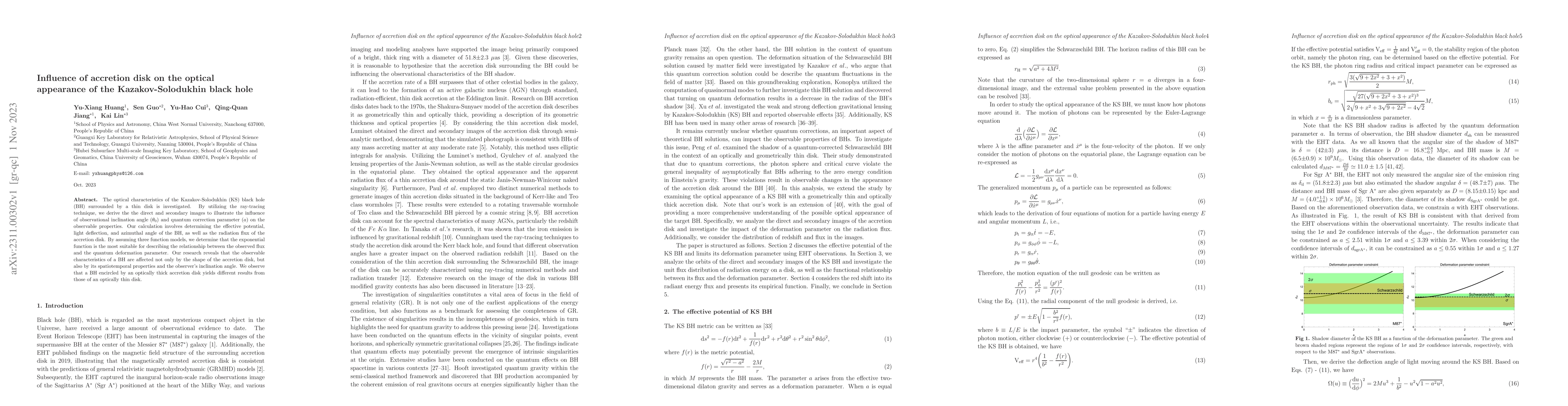 Thumbnail for Influence of accretion disk on the optical appearance of the
  Kazakov-Solodukhin black hole