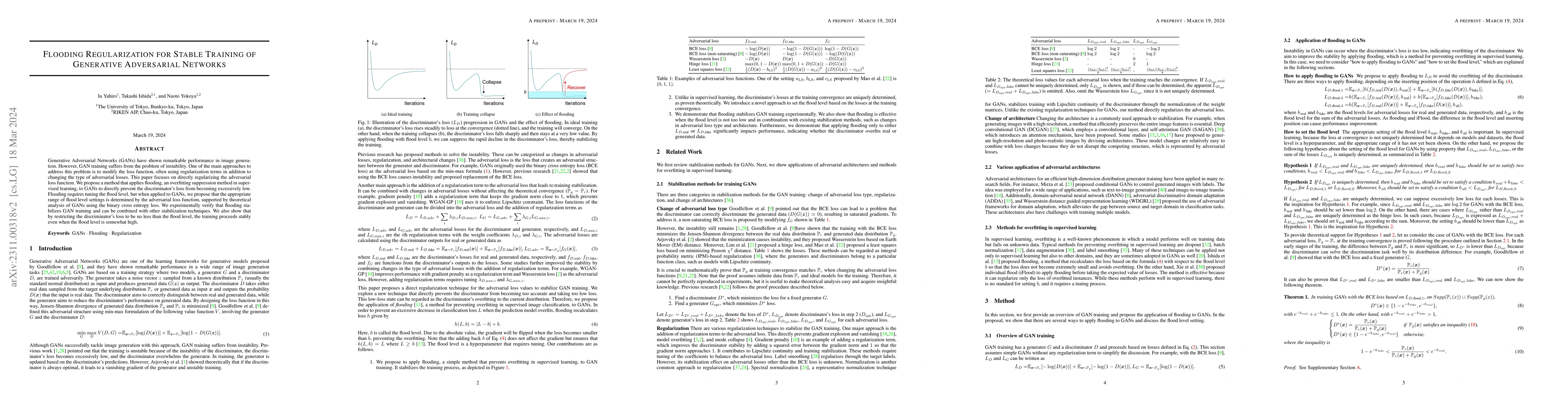 Thumbnail for Flooding Regularization for Stable Training of Generative Adversarial
  Networks