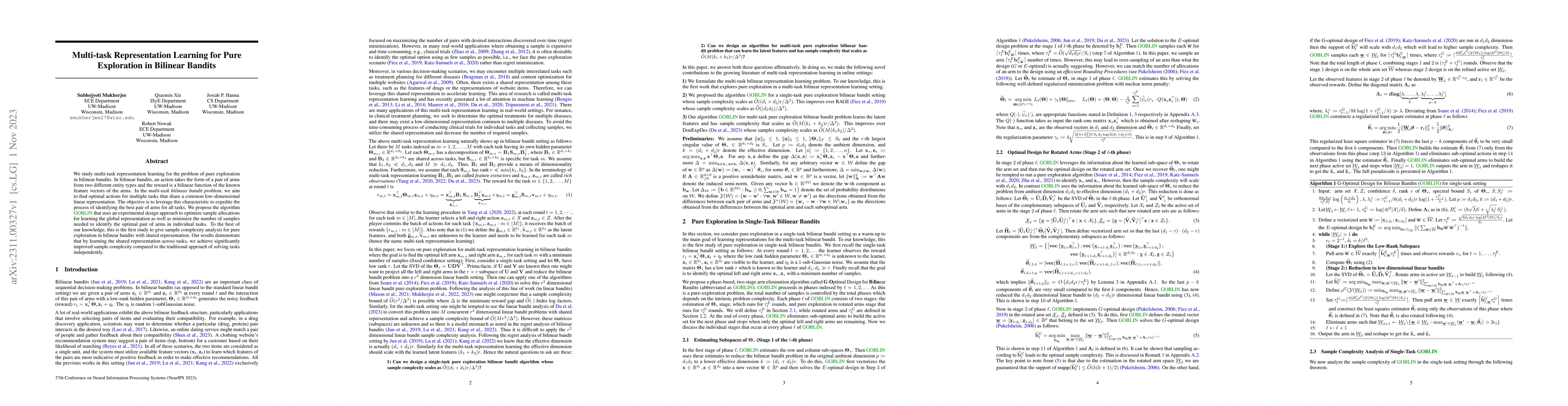Thumbnail for Multi-task Representation Learning for Pure Exploration in Bilinear
  Bandits