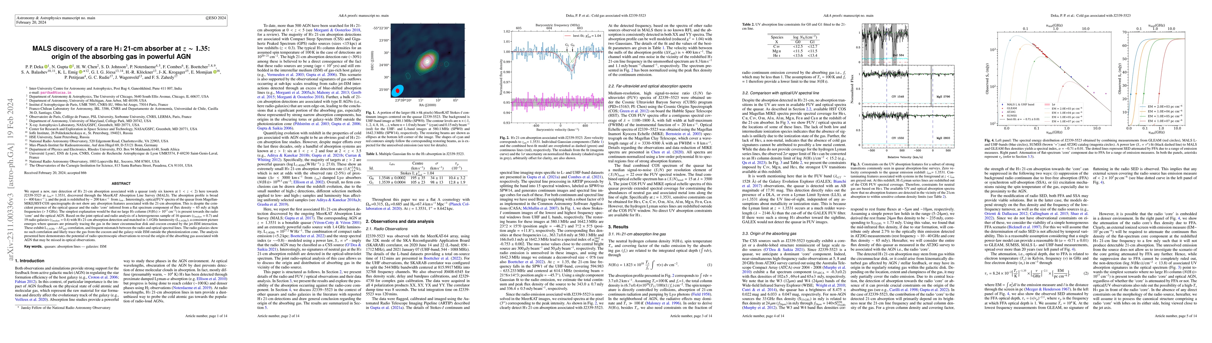 Thumbnail for MALS discovery of a rare HI 21-cm absorber at $z\sim1.35$: origin of the
  absorbing gas in powerful AGN