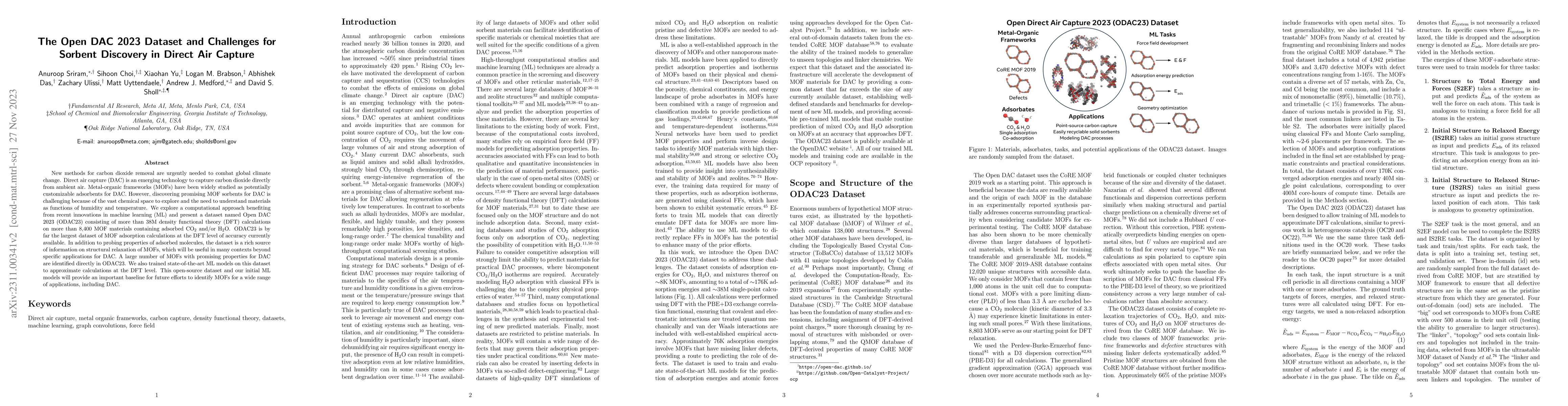 Thumbnail for The Open DAC 2023 Dataset and Challenges for Sorbent Discovery in Direct
  Air Capture