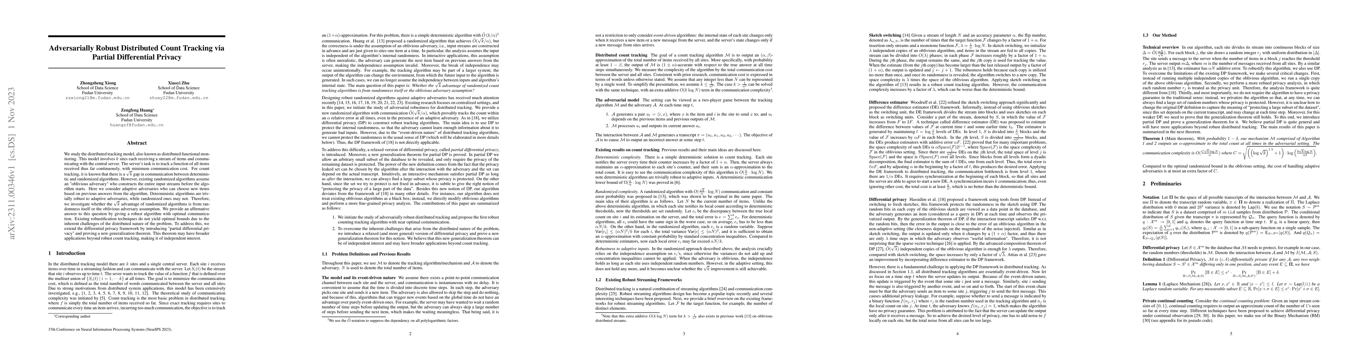 Thumbnail for Adversarially Robust Distributed Count Tracking via Partial Differential
  Privacy