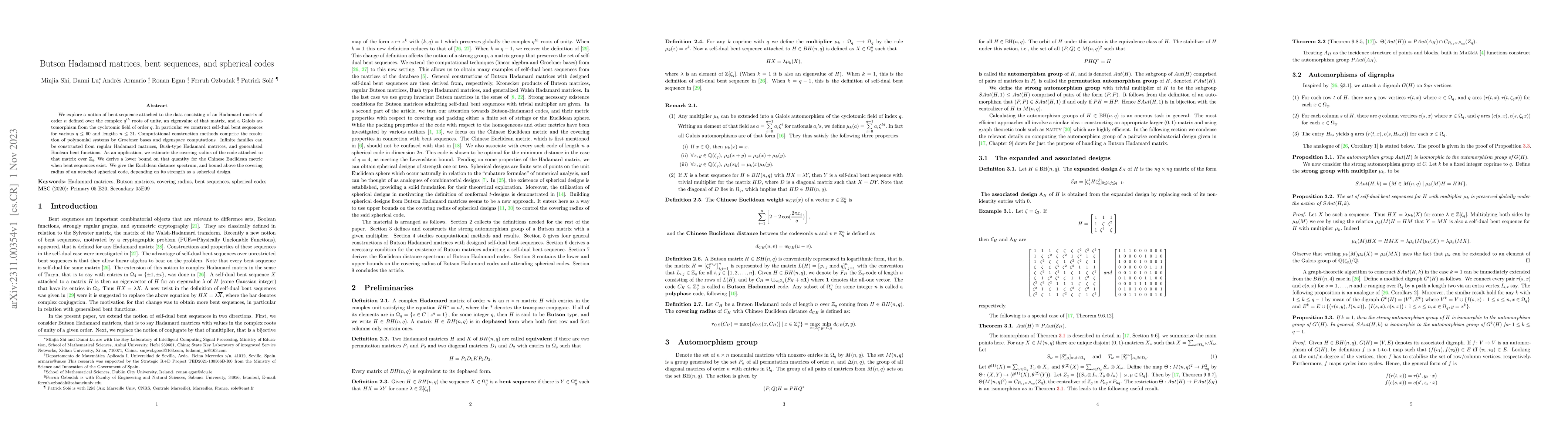 Thumbnail for Butson Hadamard matrices, bent sequences, and spherical codes