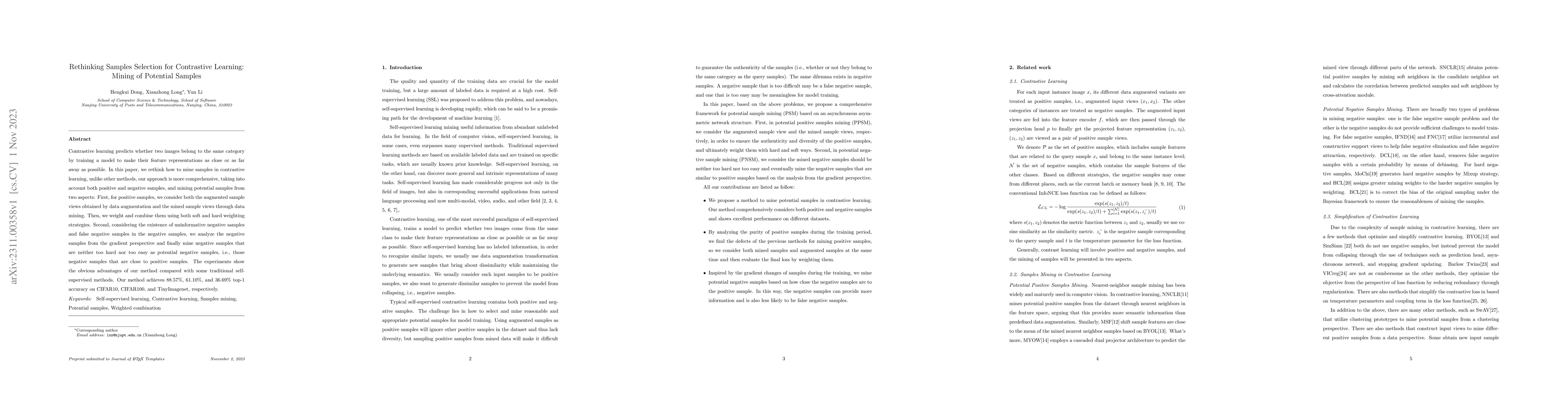 Thumbnail for Rethinking Samples Selection for Contrastive Learning: Mining of
  Potential Samples