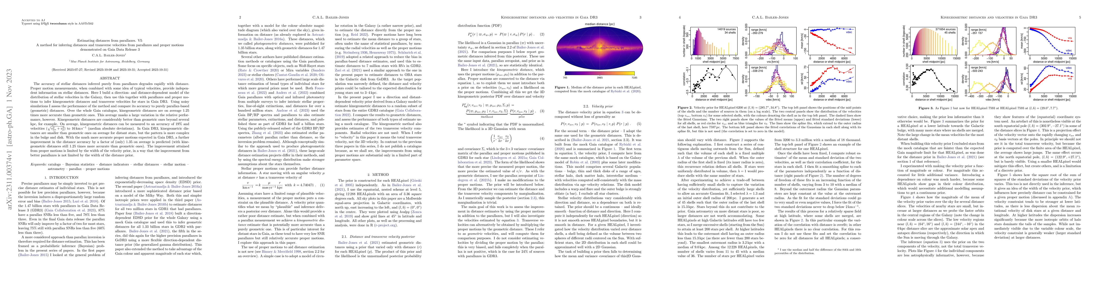 Thumbnail for Estimating distances from parallaxes. VI: A method for inferring
  distances and transverse velocities from parallaxes and proper motions
  demonstrated on Gaia Data Release 3