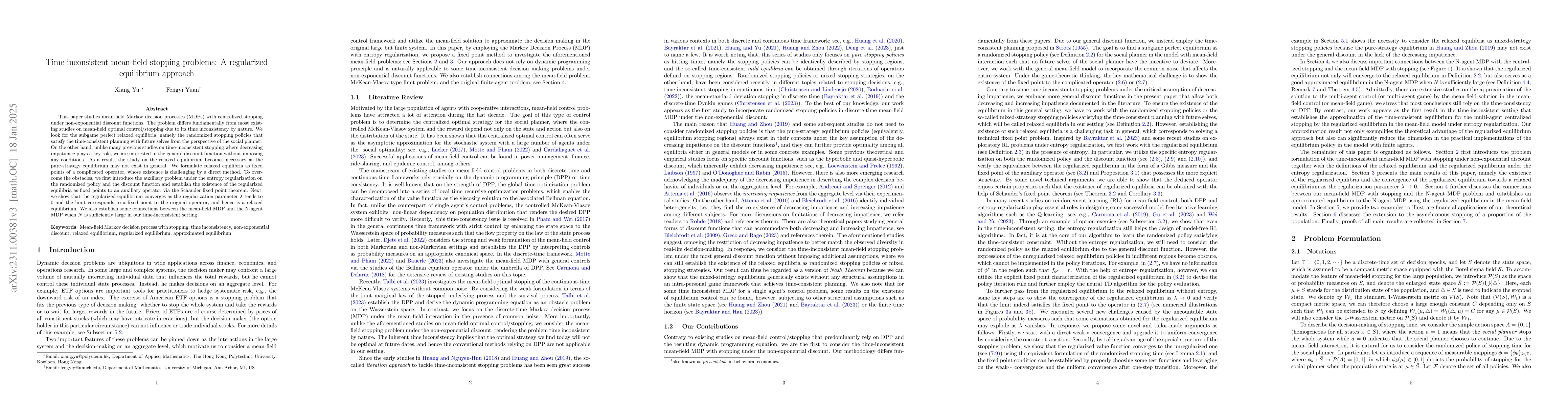 Thumbnail for Time-inconsistent mean-field stopping problems: A regularized
  equilibrium approach