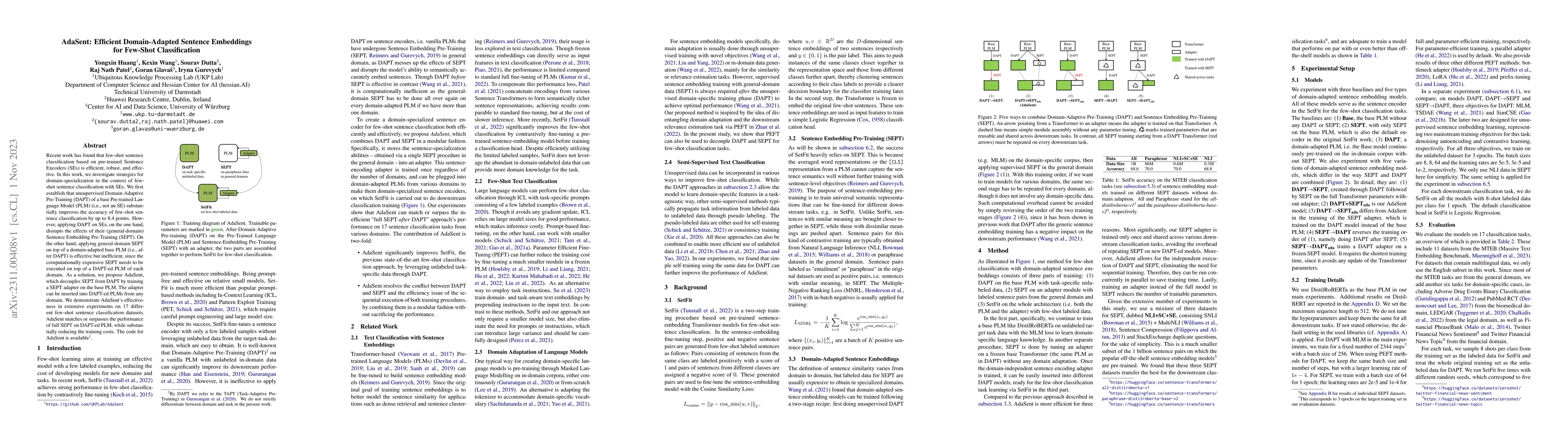 Thumbnail for AdaSent: Efficient Domain-Adapted Sentence Embeddings for Few-Shot
  Classification