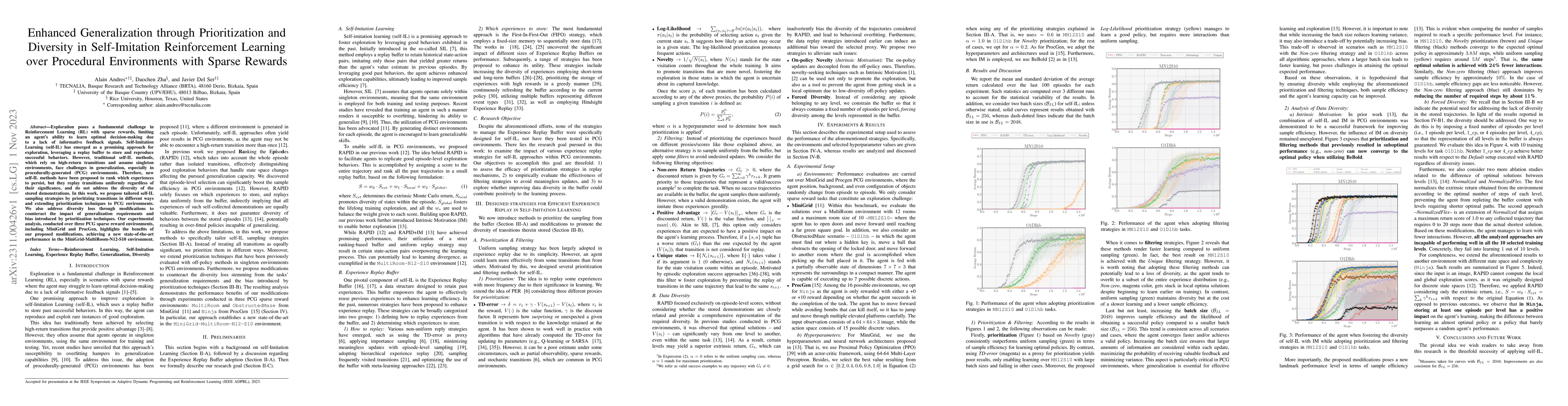 Thumbnail for Enhanced Generalization through Prioritization and Diversity in
  Self-Imitation Reinforcement Learning over Procedural Environments with
  Sparse Rewards