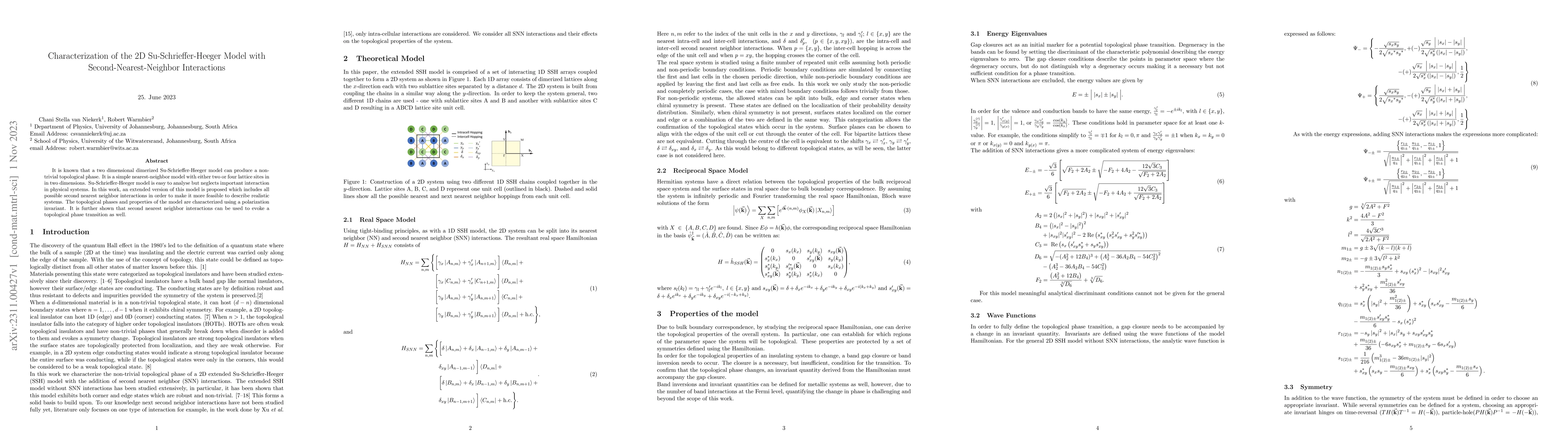 Thumbnail for Characterization of the 2D Su-Schrieffer-Heeger Model with
  Second-Nearest-Neighbor Interactions