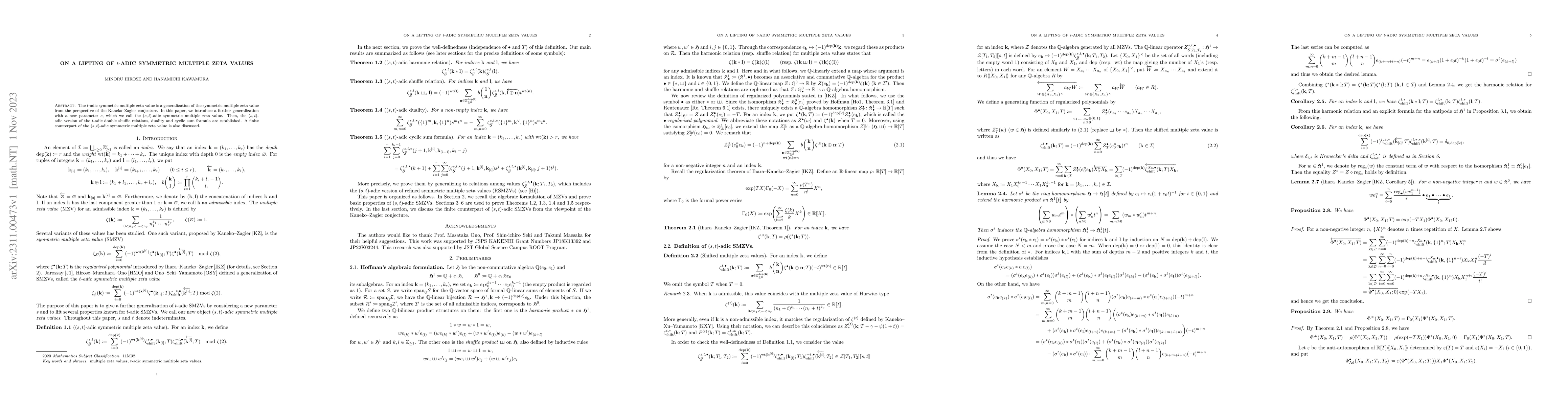 Thumbnail for On a lifting of $t$-adic symmetric multiple zeta values