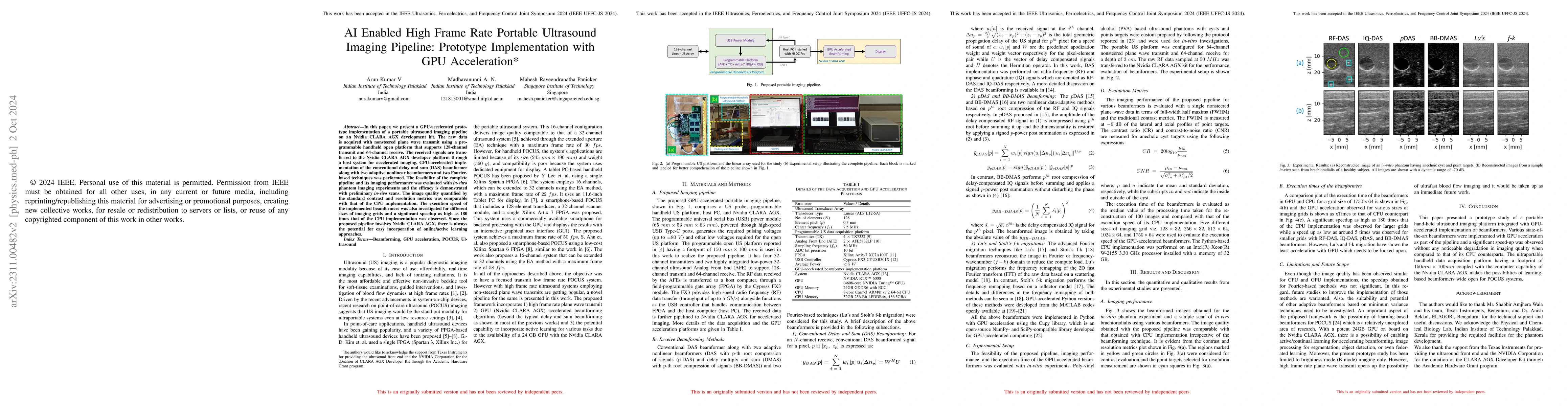 Thumbnail for A Portable Ultrasound Imaging Pipeline Implementation with GPU
  Acceleration on Nvidia CLARA AGX