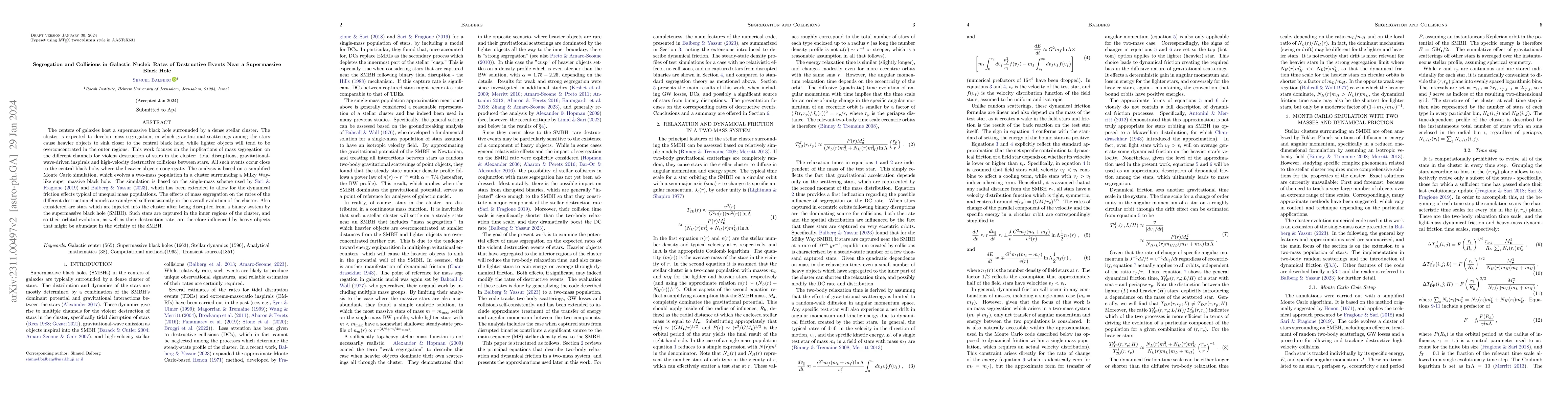 Thumbnail for Segregation and Collisions in Galactic Nuclei: Rates of Destructive
  Events Near a Supermassive Black Hole